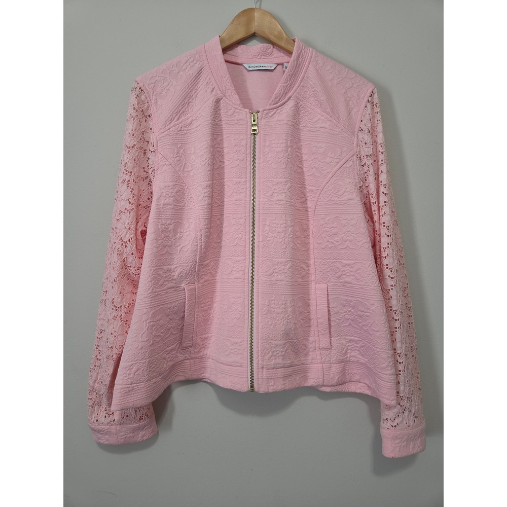 Isaac Mizrahi Live Pink Jacquard Bomber Jacket Floral Lace Sleeves Womens XL